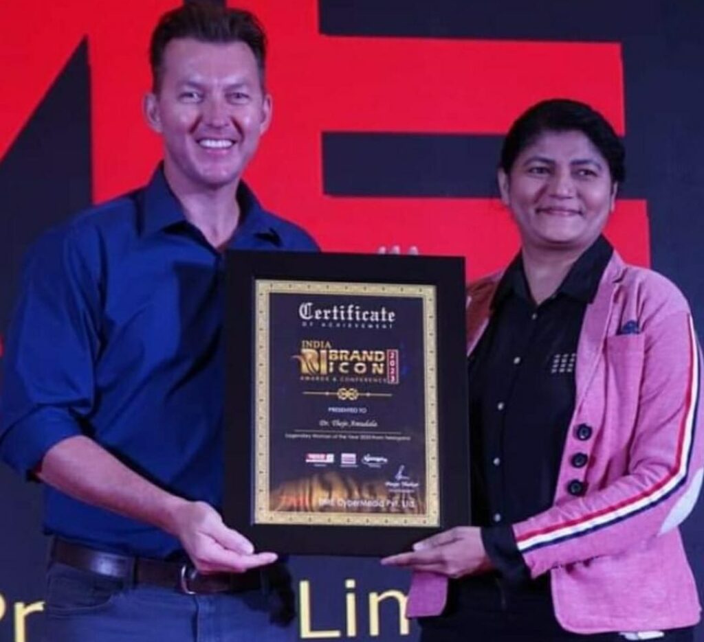 Hattrick Dr. Thejo Kumari Amudala received 3rd time Legendary Award. This time she received from International Cricketer Brett Lee. Dr. Thejo Kumari Amudala